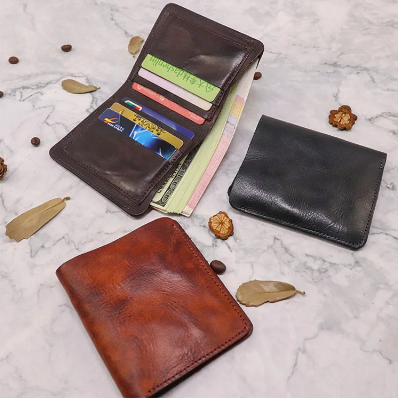 First-Layer Cowhide Wallet with Multiple Card Slots Vegetable-Tanned Leather Wallet Pleated Retro Vertical Mini Wallet