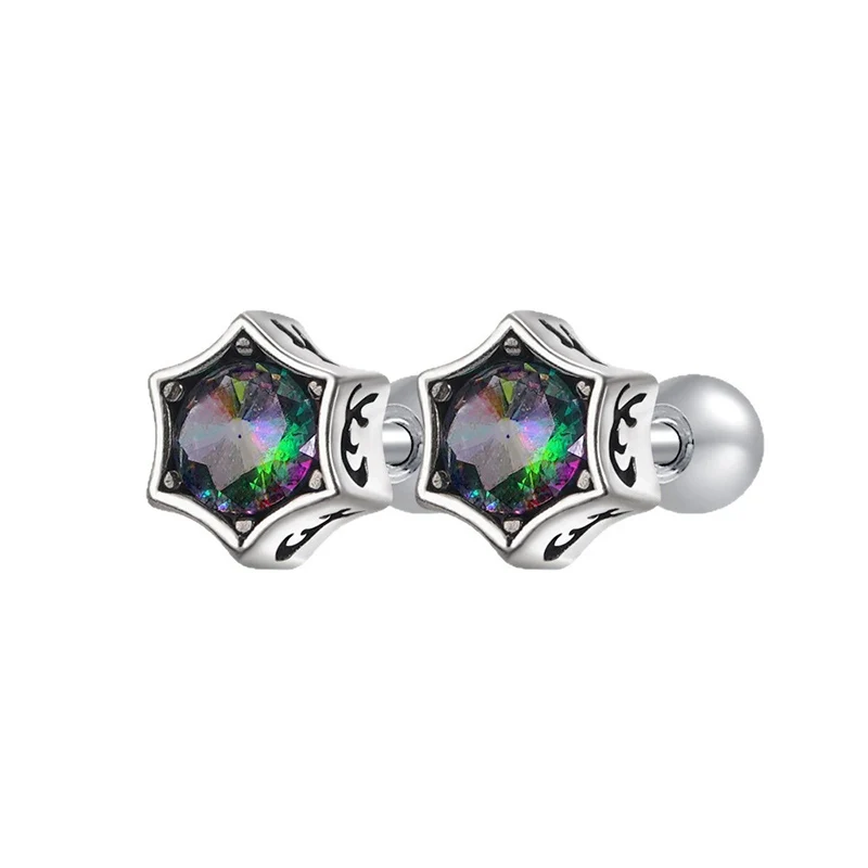 Trendy Colorful Crystal Hexagram Screw Earrings for Men Creative Retro Ear Stud Cold Minimalist Boy's Thai Silver Ear Jewelry