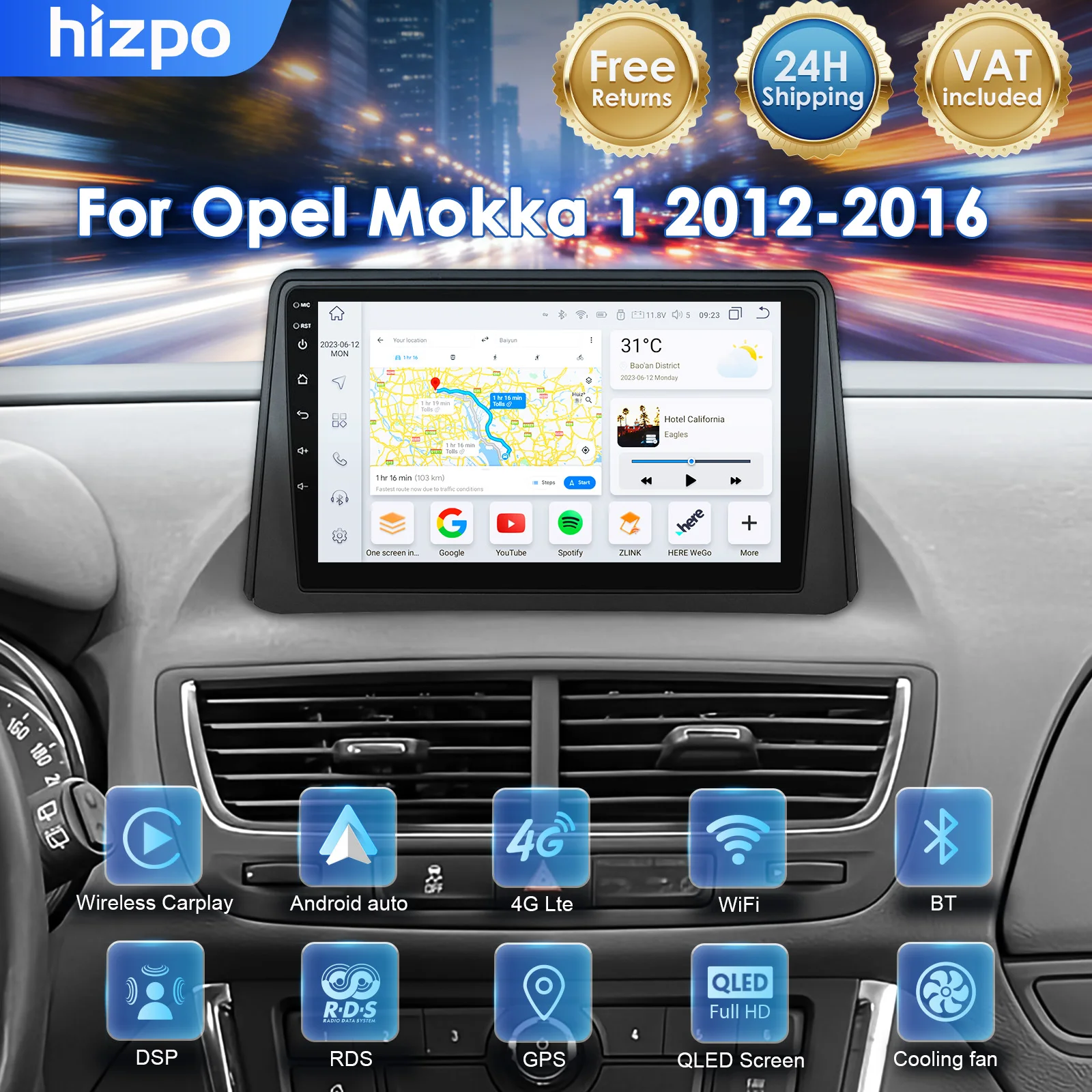 Hizpo Schermo QLED da 9'' 2din per Auto, Monitor per Opel Mokka 1 2012-2016, Lettore Stereo con Android Auto Wireless, Carplay, Navigazione GPS, WIFI+4G