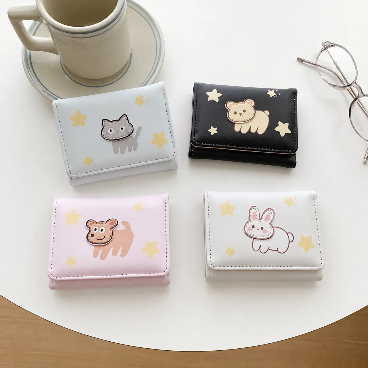 Women Short Bear Dog Small Wallets Student Triple Fold Card Holder Girl ID Bag Card Holder Coin Purse Ladies Wallets Cartoon Bag