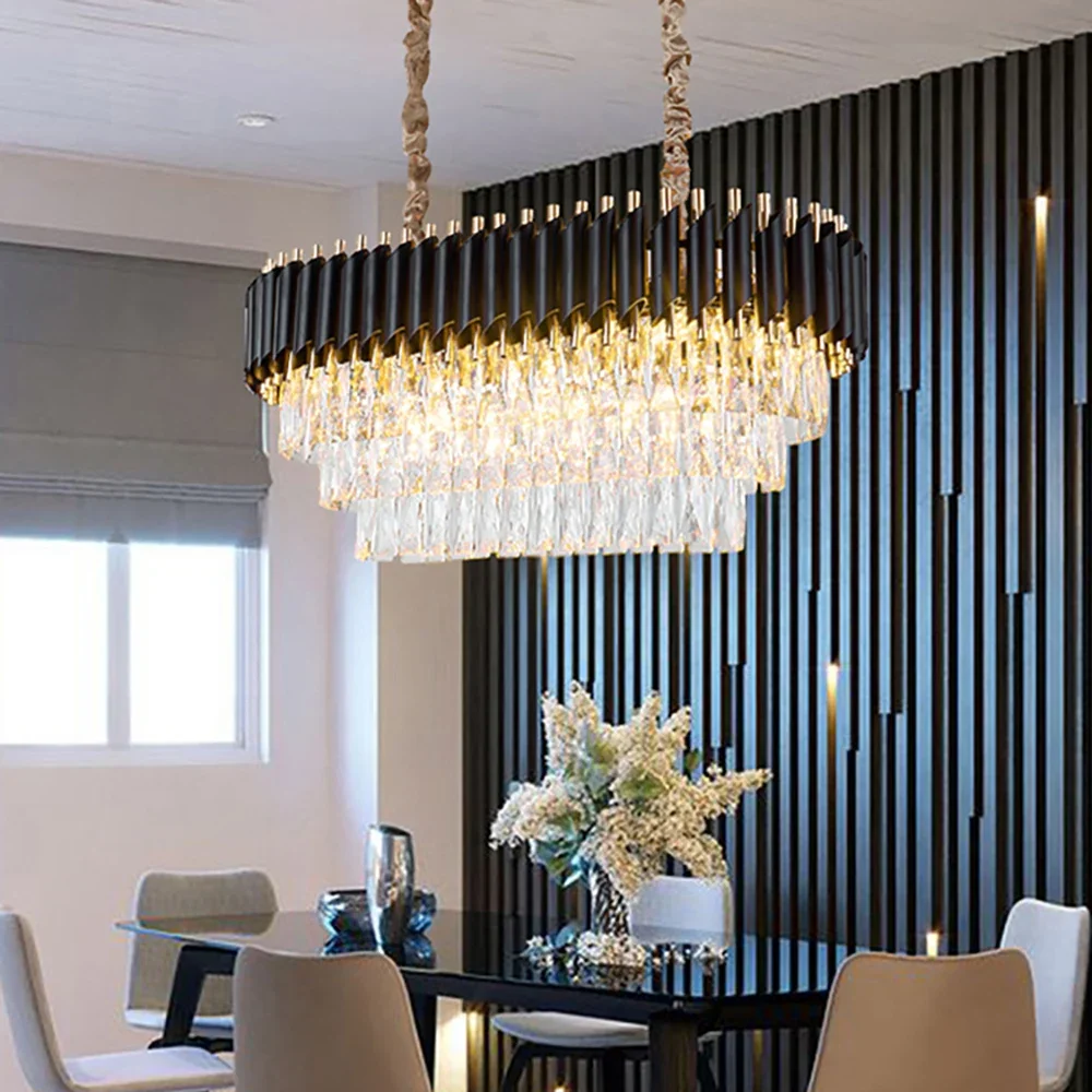 

Rectangle Crystal Chandelier For Kitchen Island Living Room Black Light Home Decor Luxury Rusterand Oval Design Indoor Lighting