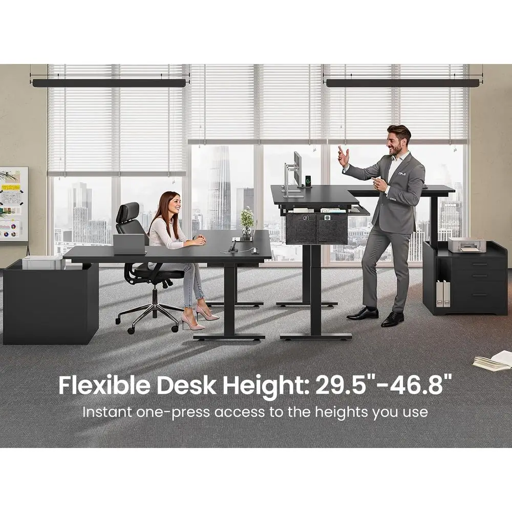 Black L-Shaped Adjustable Standing Desk with Drawers, File Cabinet, Power Outlet, LED Lights, and Keyboard Tray for，Customized