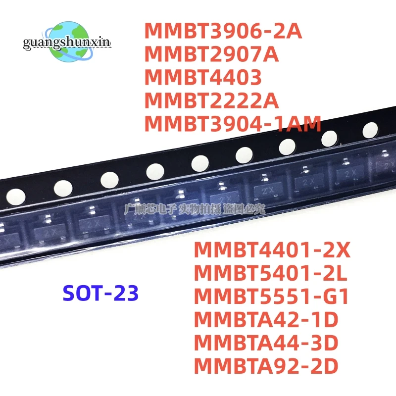 100PCS MMBT2222A MMBT2907A MMBT3904 MMBT3906 MMBT4401 MMBT4403 MMBT5401 MMBT5551 MMBTA42 MMBTA44 MMBTA92 Bipolar Transistors