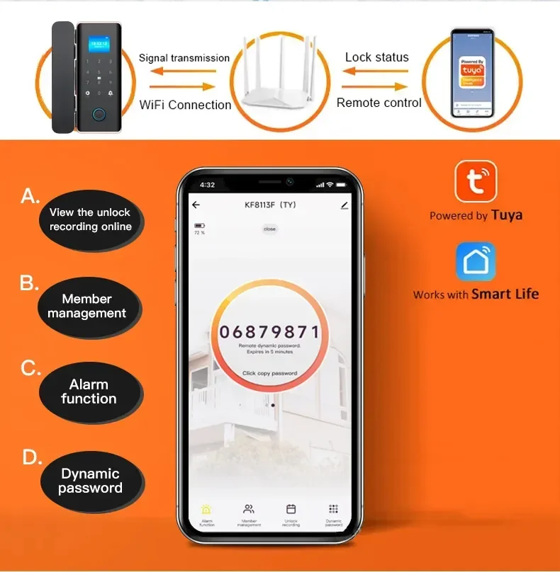 Smartier Smart Glass Door Lock Wifi Remote Control Tuya App Office Lock Card Digital Biometric Fingerprint Door Lock