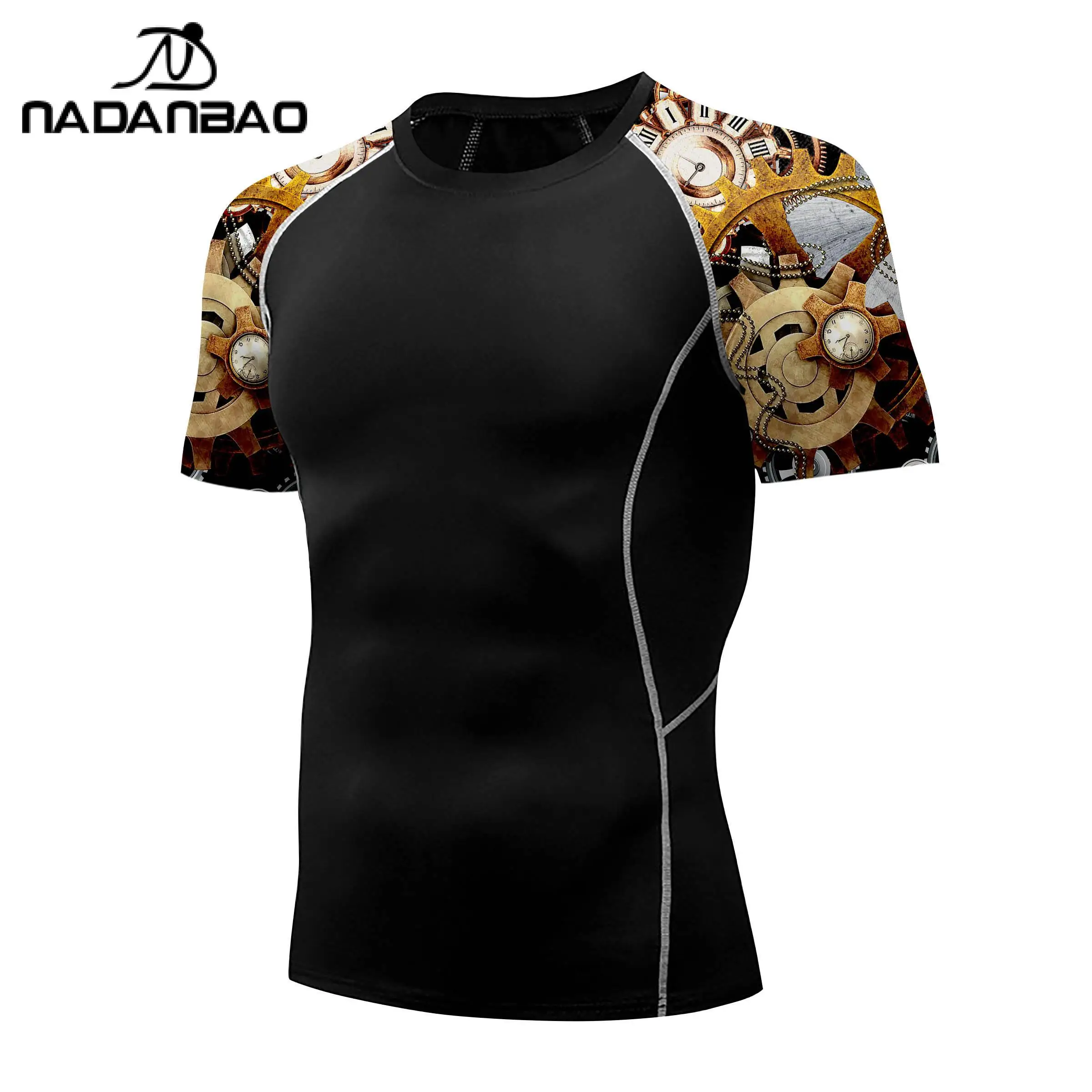 Nadanbao Men Fitness Swimsuits T-Shirt Gym 3D Printing Black Fashion Tops Summer Beach Swimwear Short Sleeve Surfing Wetsuit