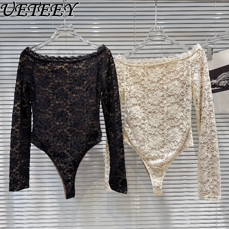 

Осенне-зимний новый сексуальный комбинезон с открытыми плечами и кружевной отделкой, модный универсальный облегающий комбинезон с длинными рукавами, внутренняя рубашка для стройности
