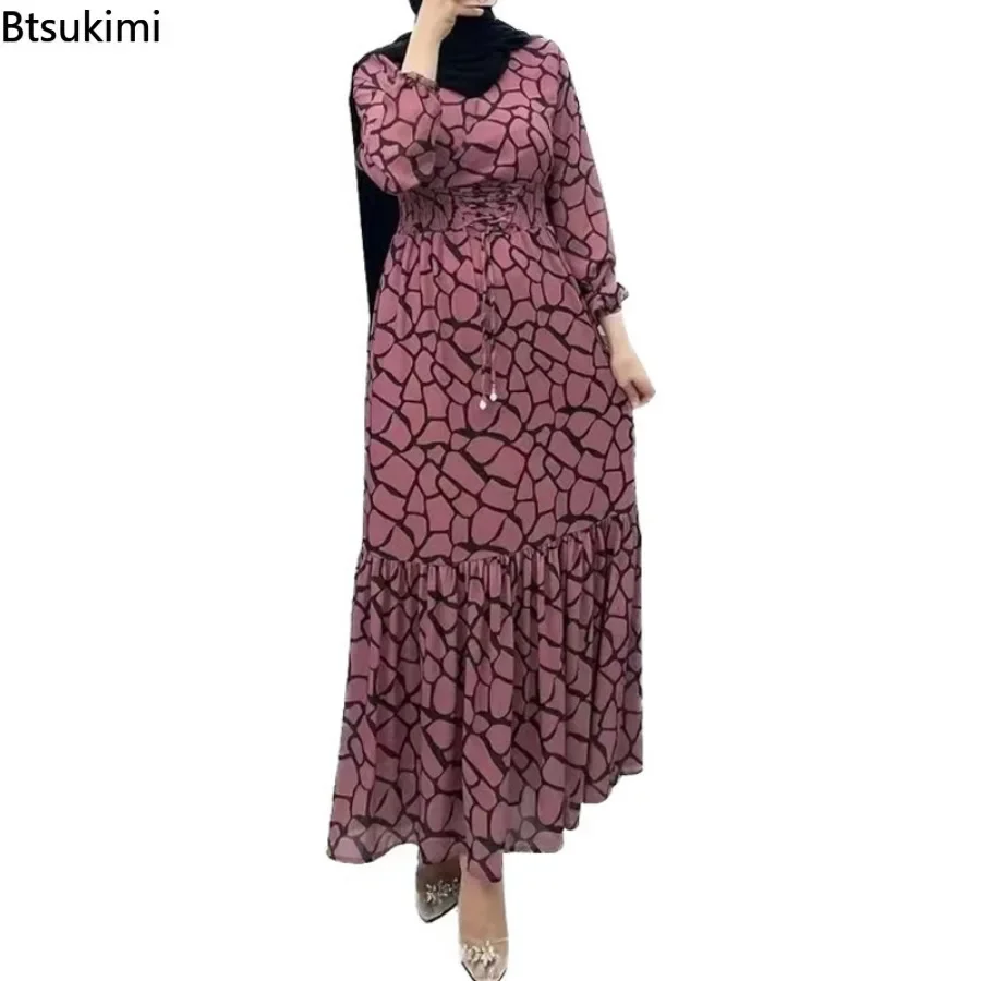 Muslim Elegant Print Dress Abaya for Women Fashion High Waist Long Sleeve Arab Islamic Clothing Mid East Turkish Evening Dresses