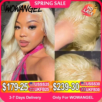 Wow anjo real hd peruca frontal do laço 250% 13x4 hd frente do laço peruca de cabelo humano 613 loira onda do corpo perucas hd fechamento do laço peruca sem cola