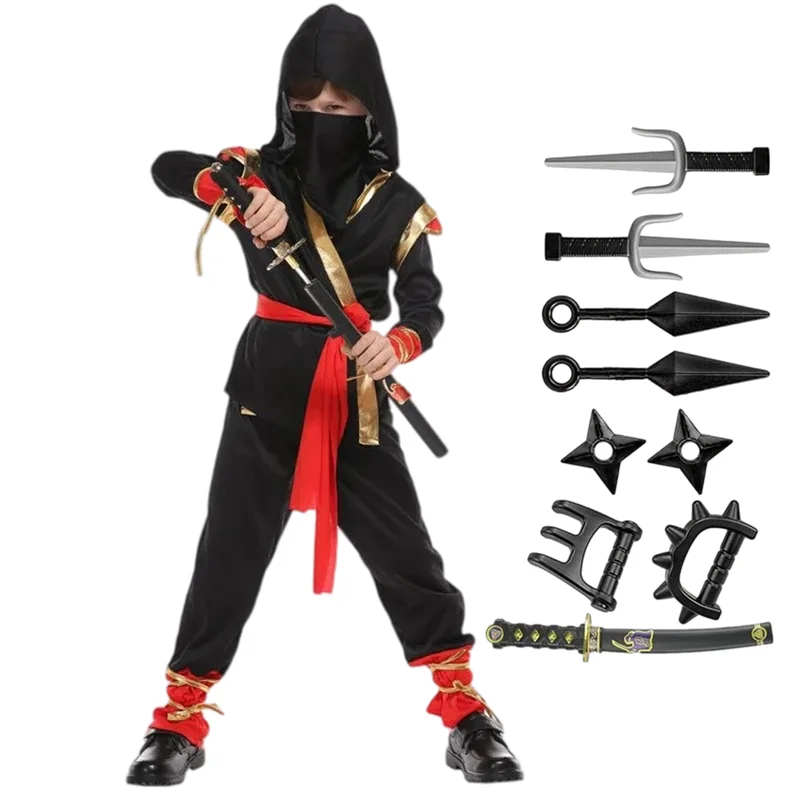Japanese Ninja Costume Set Boys Girls Black Red Samurai Dress Up with 9 Piece Toy Gift Halloween Party Carnival Cosplay Costume
