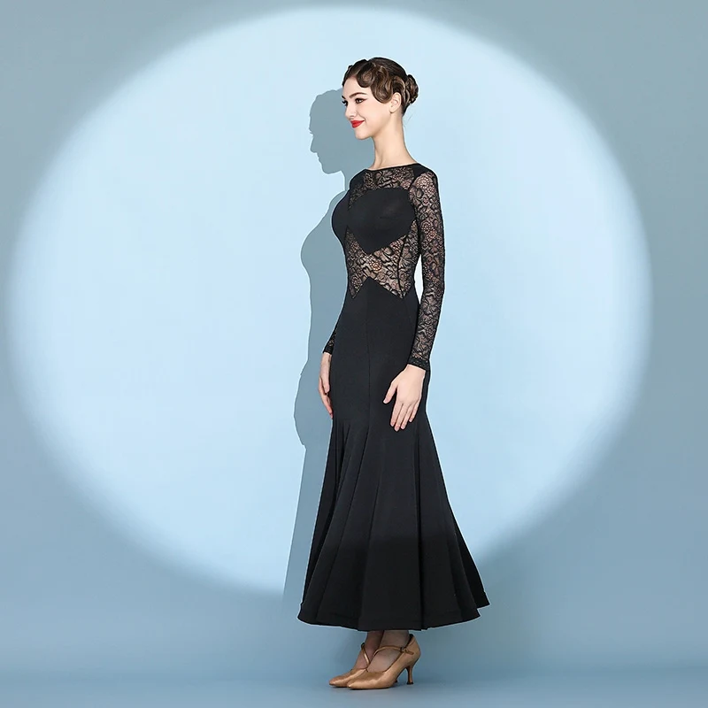 Professional National Standard Dance Clothes Women Dress Modern Ballroom Dance Costume Lady Black Lace Big Swing Dress DN21538