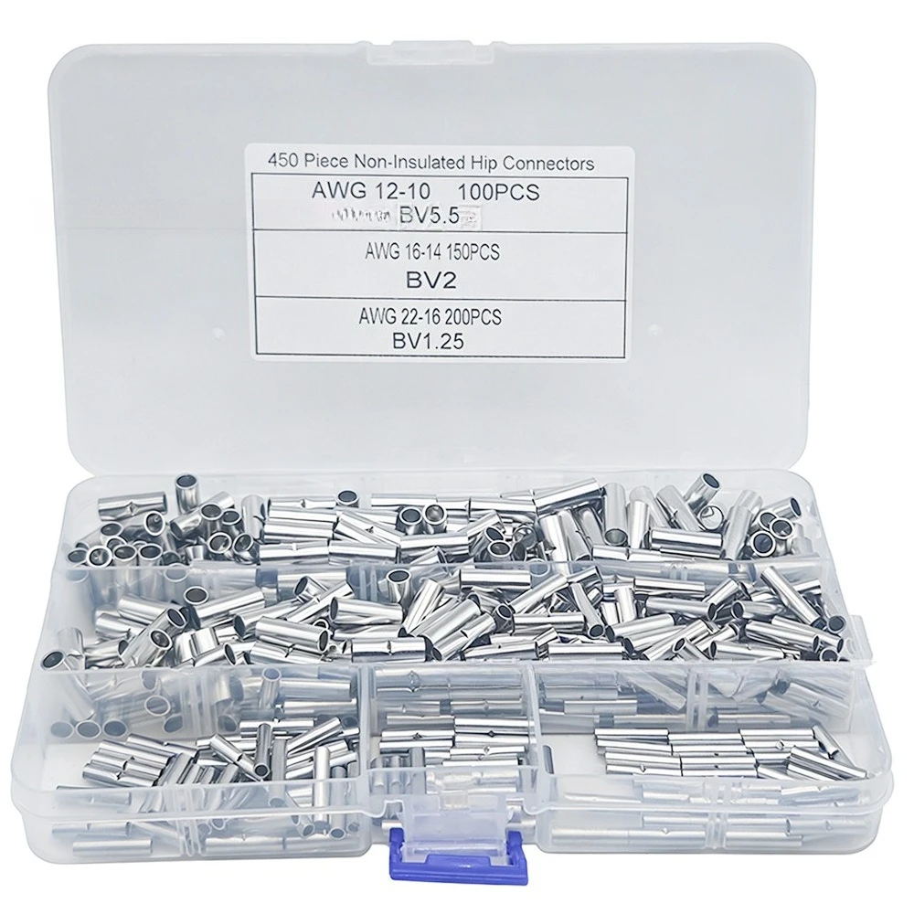 450PCS BN1.25-5.5 Bare Butt Connectors, Red Copper Non-insulated Middle Splice Crimp Wire Terminals