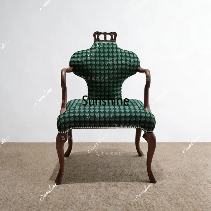 American solid wood retro dining chair fabric crown chair casual armrest small apartment living room