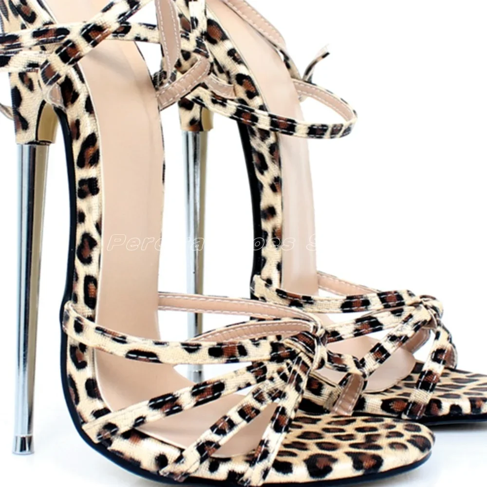 

Металлические сексуальные леопардовые модные сандалии 18 см с ремешком сзади на щиколотке очень высокий каблук запястье на тонком каблуке модный стиль