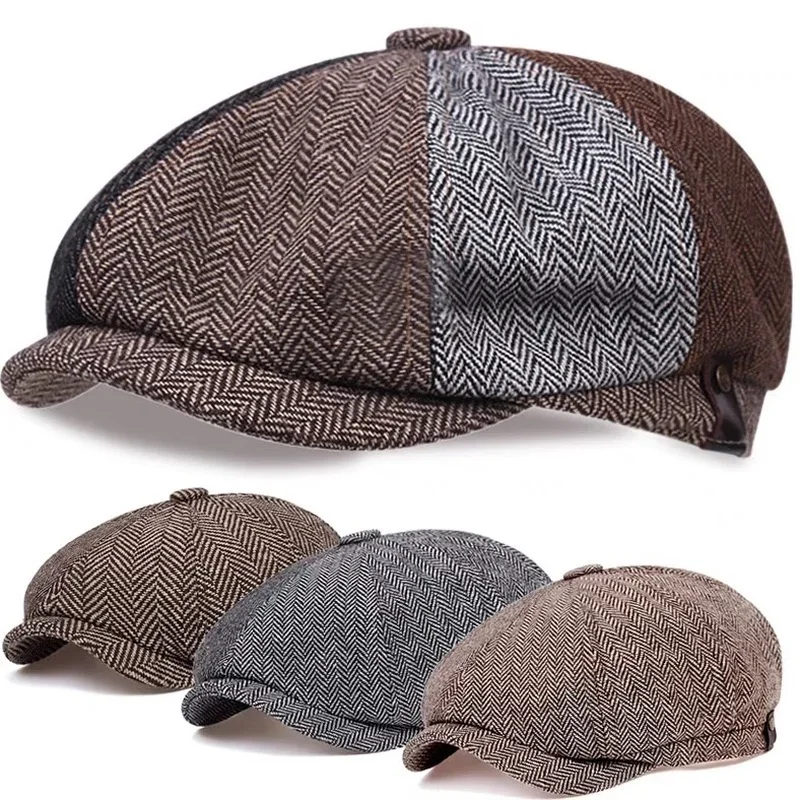 Winter Caps Men Women Berets Hat Classic Plaid Stripe Beret Cotton Flat Cap British Painter Herringbone Hat 56-60cm
