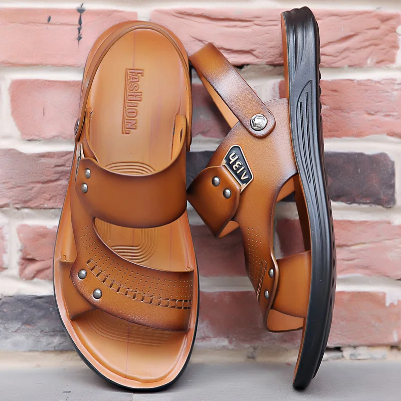 2022 Summer New Fashion Men Shoes Vintage Real Leather Non-slip Beach Slip-On Sandals Travel Flip Flop Slippers Black Brown