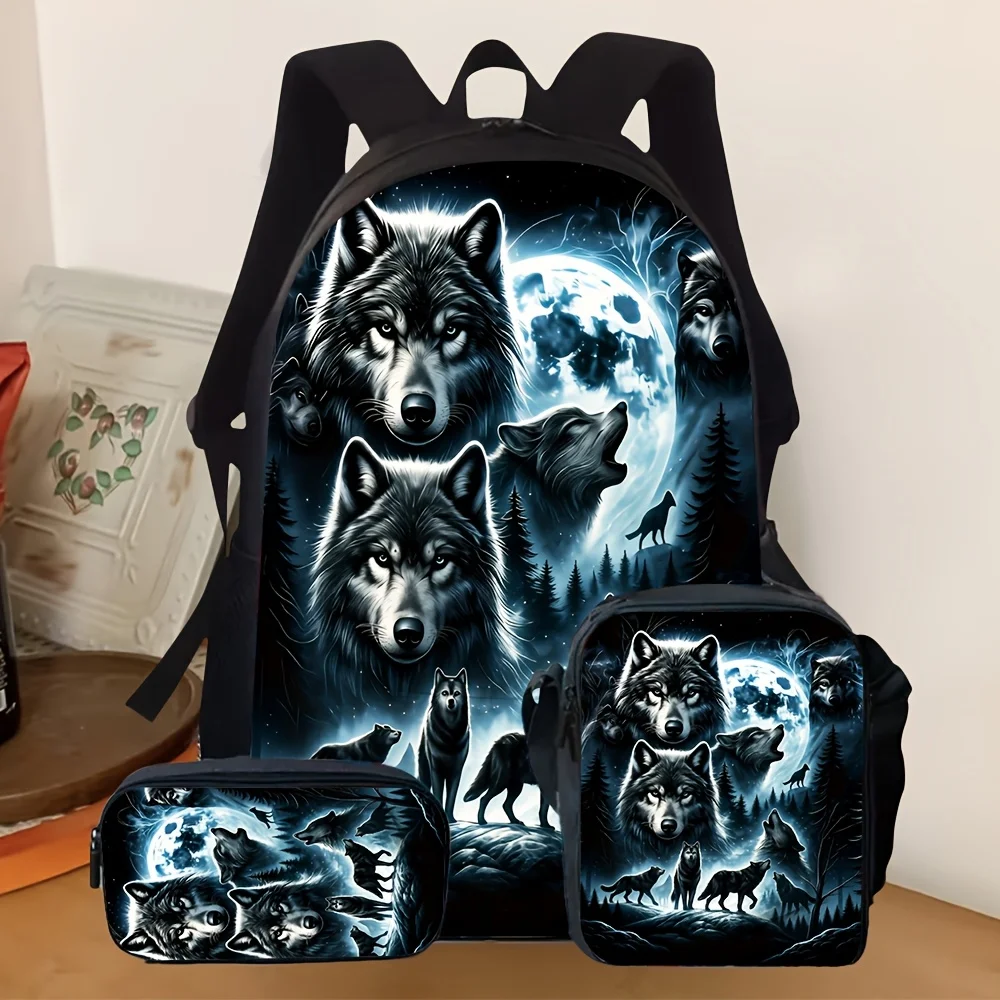 

3pcs [2D Flat] Wolf Backpack Collection, Night Moon Forest Wildlife Design School Bag with Lunchbox And Pencil Case, Casual Back