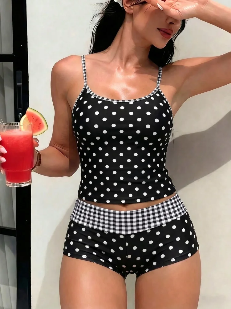 Two Piece Swimsuit Women 2026 New Black Dot Grid Sling Sexy Swimwear Summer Bikini Boxer Short Tankini Beach Bathing Suit Female