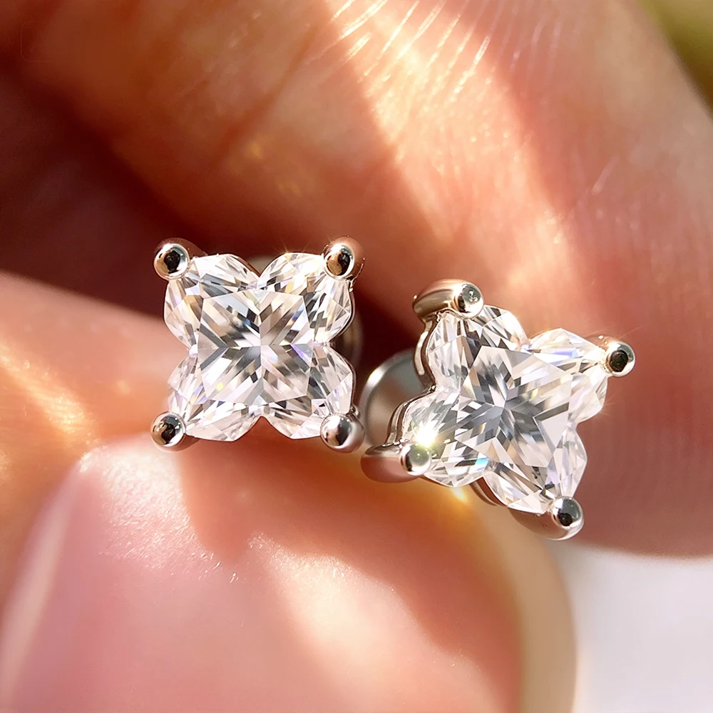 TBCYD Moissanite Lily Cut Stud Earrings Four-Petal Flower Earring D Color 925 Sterling Silver Piercing Jewelry Luxury Designer