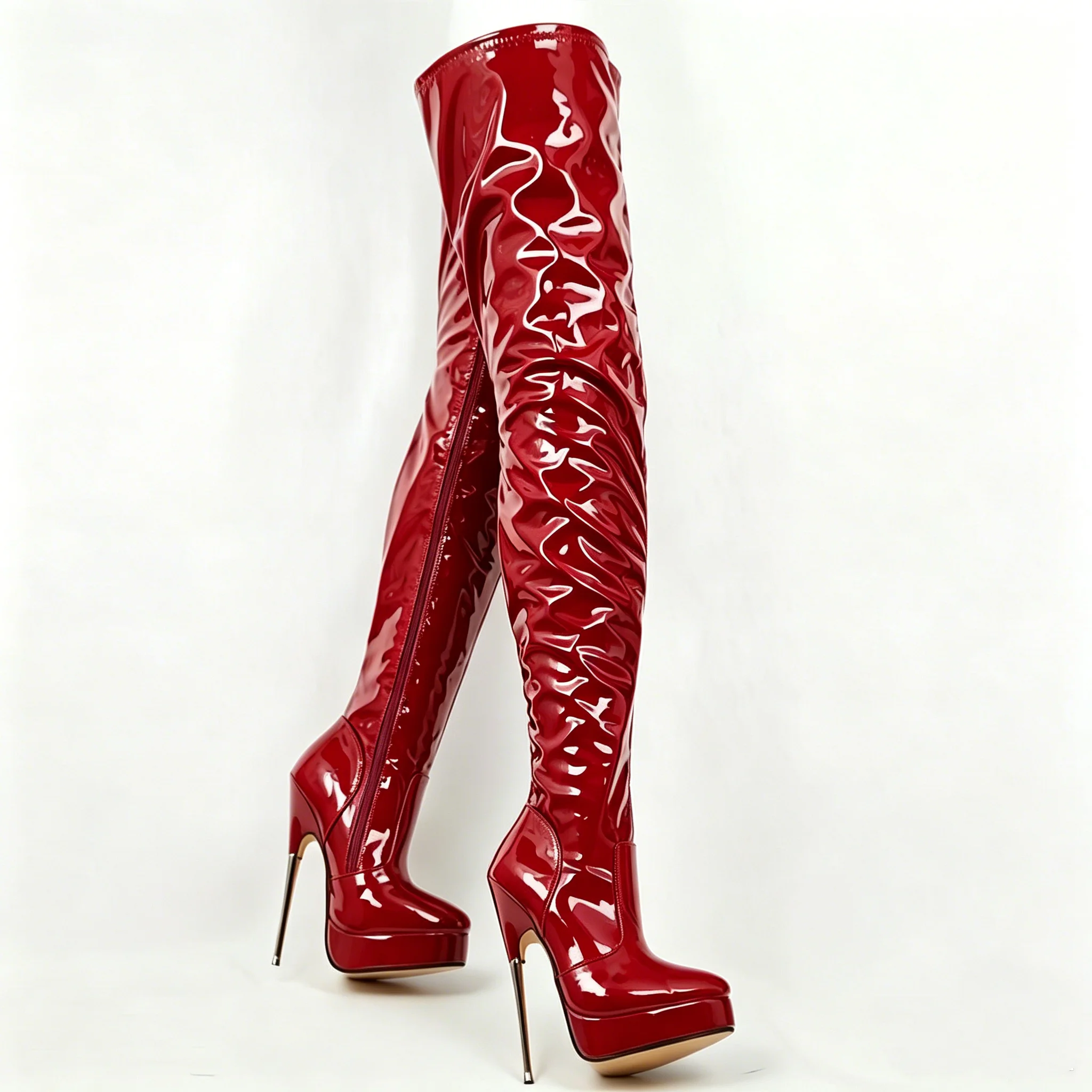 Patent Leather Pointed Toe Metal Lock Over-The-Knee Women Ballet Boots Stiletto High Heels Side Zipper Design Large Size Shoes