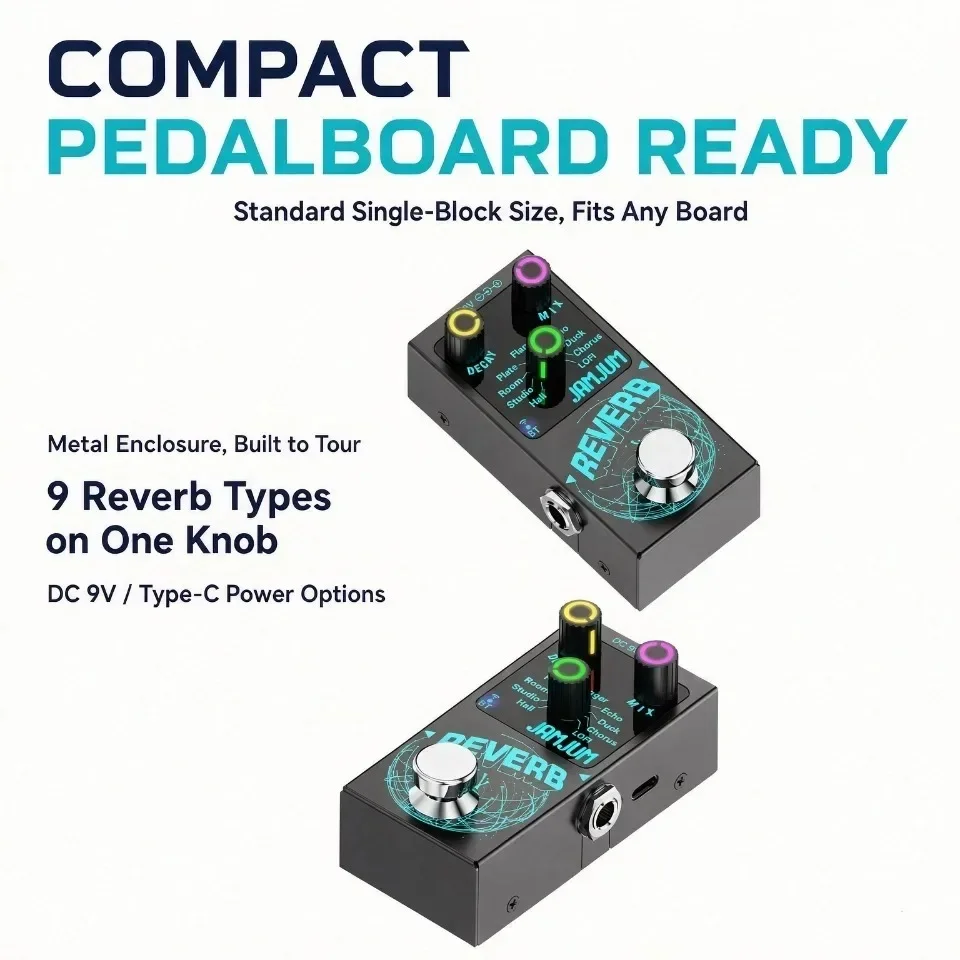 Digital Reverb Guitar Effect Pedal 9 Modes Bluetooth 5.4 Backing Track 6.35mm True Bypass Aluminum Mini Effects for Bass Synth