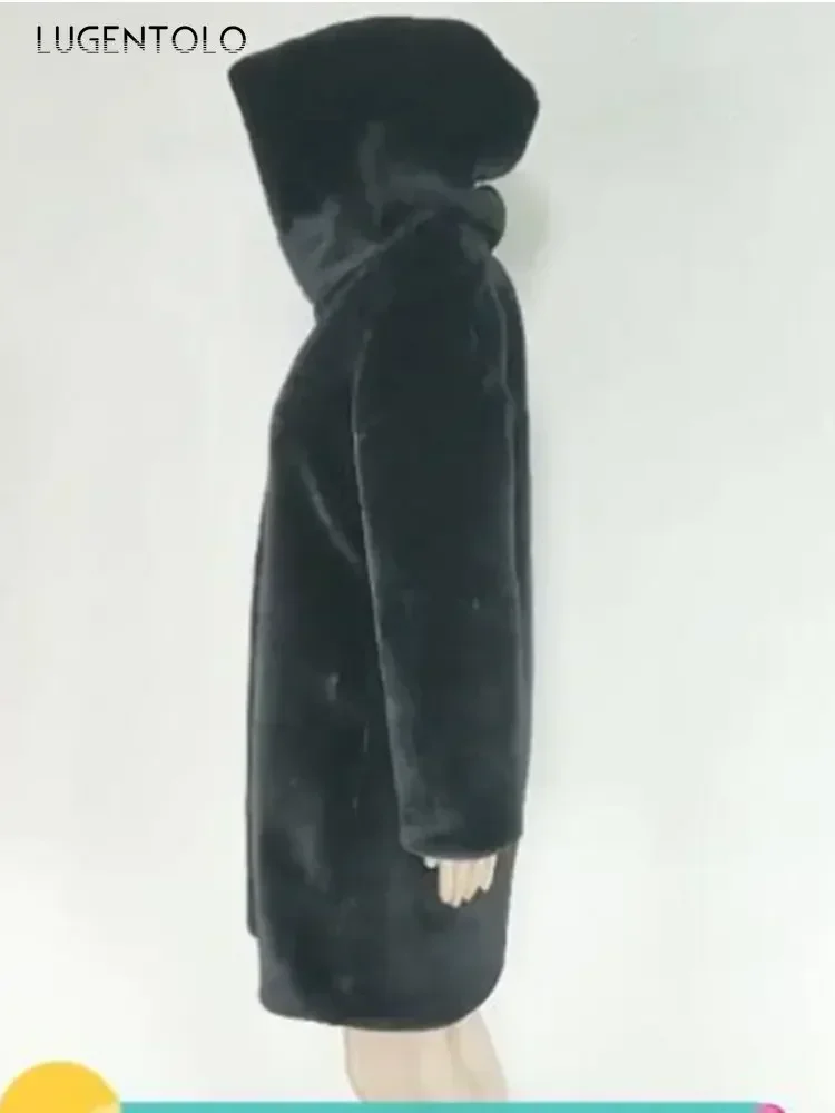 Cappotto di pelliccia sintetica nera da donna inverno Streetwear moda di grandi dimensioni sciolto Famale con cappuccio spessa giacca di Cardigan di pelliccia calda panno elegante