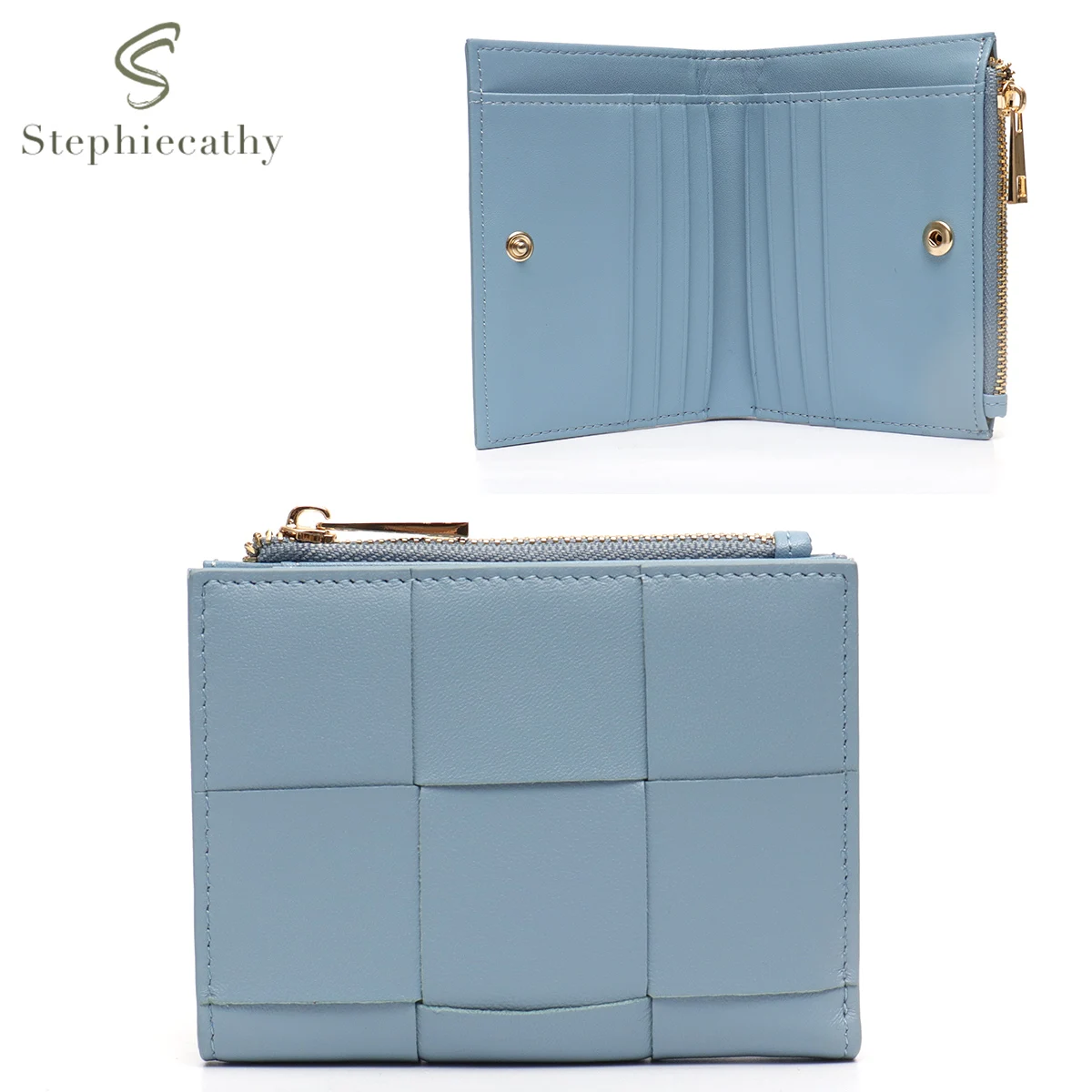 Fashionable Sheepskin Woven Small Wallet Women Brand Design Bifold Zip Closure Real Leather Coin Purses Card holders Money Bag