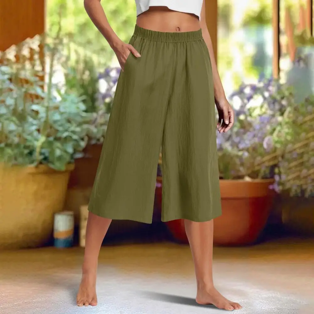 Women Cropped Pants Elastic High Waist Straight Wide Leg Casual Trousers with Pockets Solid Color Casual Commuting Trousers