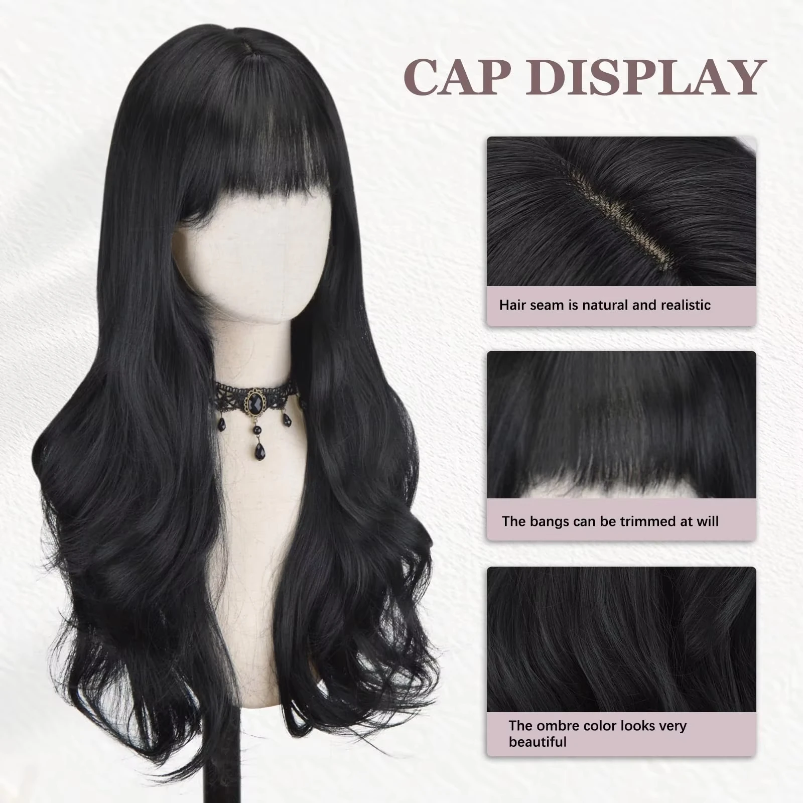Black synthetic wig with big waves for party, Halloween cosplay, everyday use, high-temperature hair accessory
