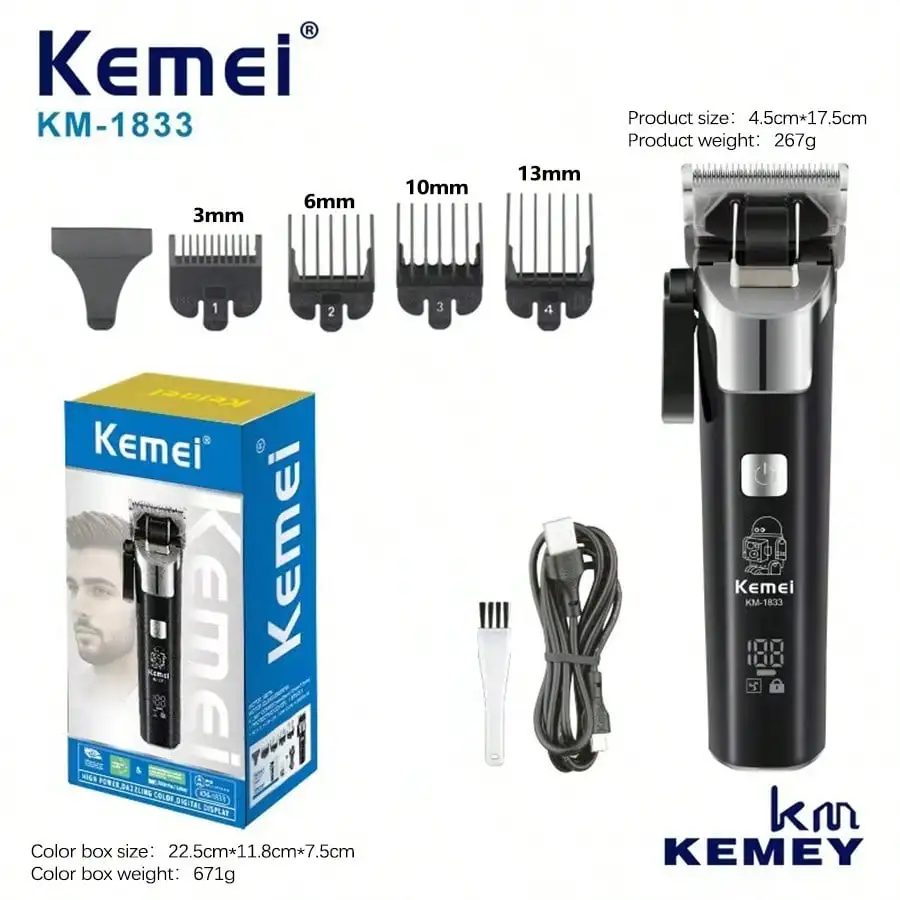 KM-1833 Kemei/KEMEI Nova máquina de cortar cabelo elétrica USB Carga rápida LCD Display digital Máquina de cortar cabelo