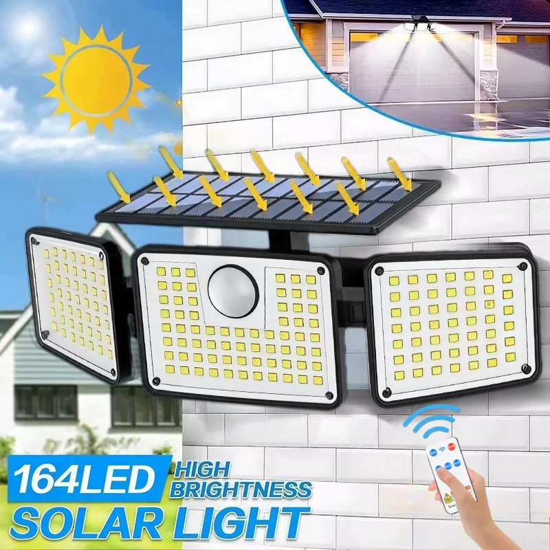 

164 светодиодный солнечный настенный светильник с тройной головкой, пульт дистанционного управления, поликристаллическая кремниевая панель, водонепроницаемый садовый настенный светильник для наружного освещения