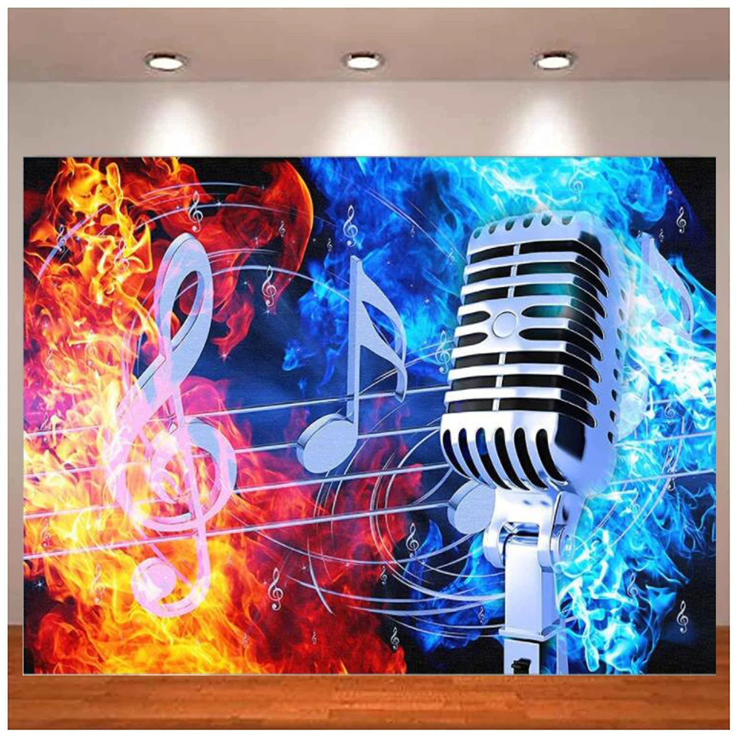 

Microphone Photography Backdrop Rock Music Symbol Background Concert Party Fire Blue Water Red Flame Musical Notes Birthday