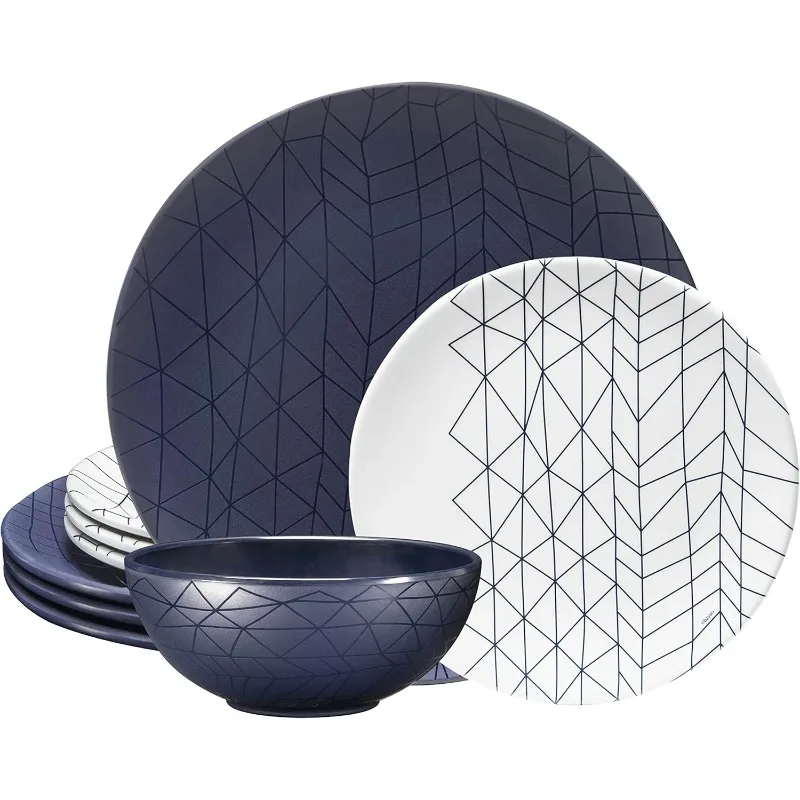 12 Piece Melamine Dinnerware Set - Durable, Dishwasher Safe Plates and Bowls Dinning, Parties, Camping Dish Spidy Blue