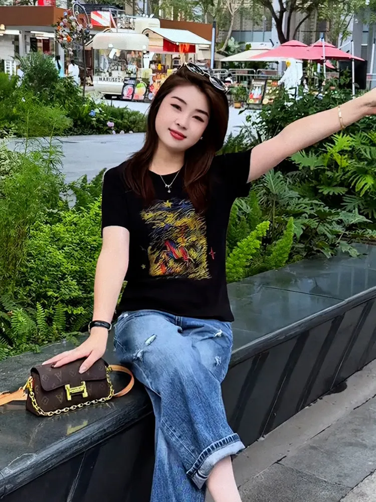 Doodle  Print Slim Fit Short Sleeve T-Shirt Women's Fashionable Black Summer New Style Commute Wind Korean Version Top
