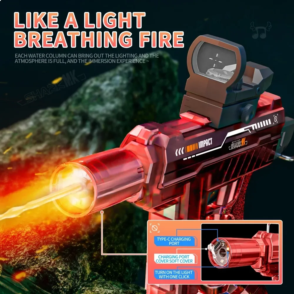 UZI 전동 물총 LED 조명 반동 장거리 연속 발사 물 블래스터 어린이 장난감 여름 해변 야외 놀이