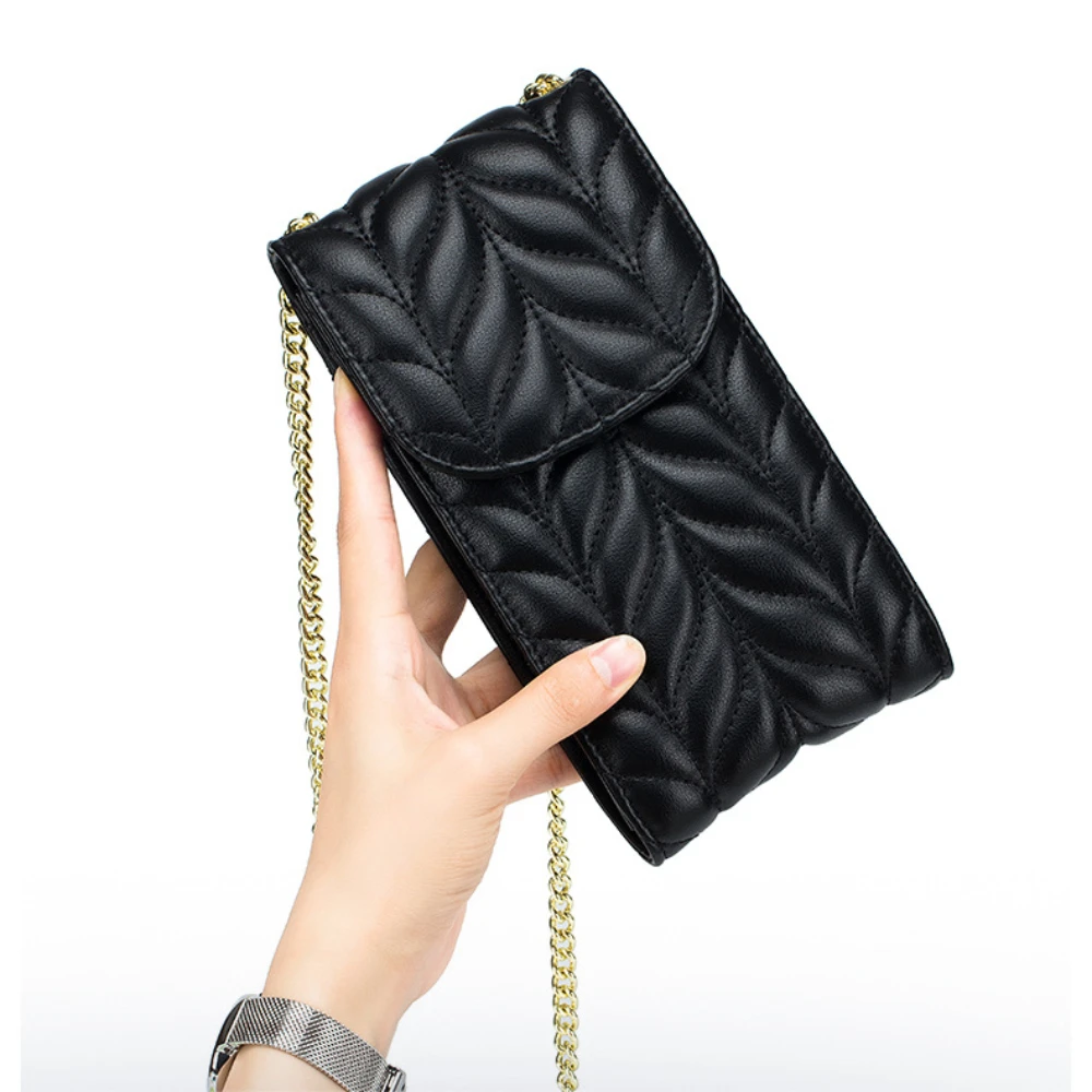 Genuine Leather Vertical Mobile Phone Bag Lingge Chain Bag Multi Functional Fashion Crossbody Mobile Phone Bag