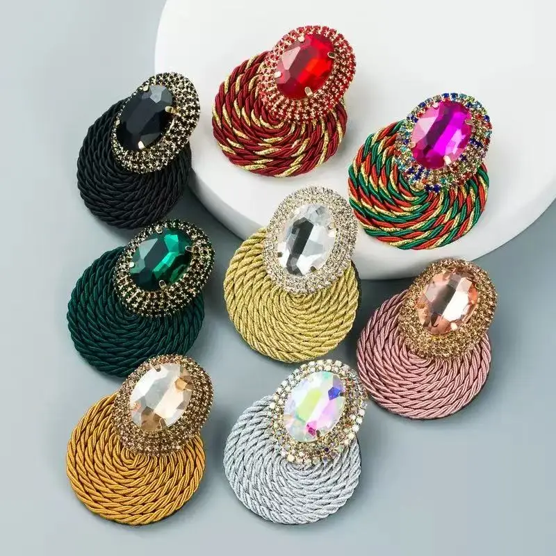 

Exaggerated Oval Rhinestone Earrings European Style Handcrafted Line Weaving Women's Unique Design Daily Commute Accessory