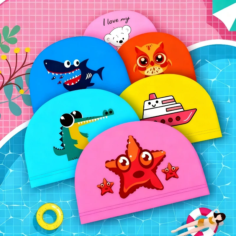 أطفال قبعة السباحة للماء بولي Fabric النسيج لطيف الكرتون الحيوان دولفين حماية آذان الشعر الطويل بنين بنات قبعات حمام سباحة مريحة