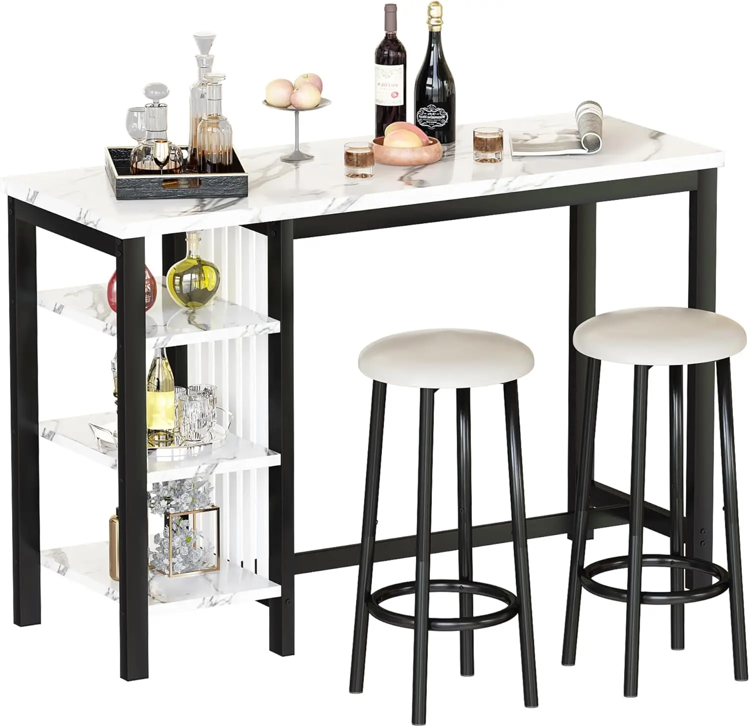 AWQM Home Bar Table Set of 2, 47" White Faux Marble Dining Set with Storage Shelves and Upholstered Leather Bar Height Stools,