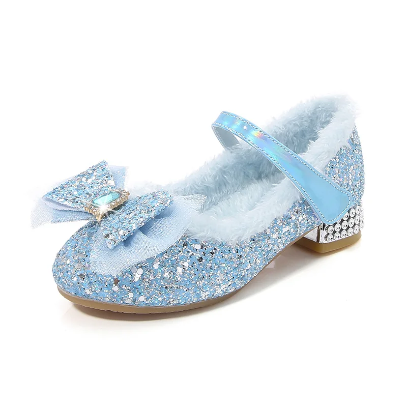 Disney Girls\' High Heels Women Treasure Crystal Shoes Winter Children\'s Plush Fashion Bow Frozen Princess Elsa Shoes Size 23-36