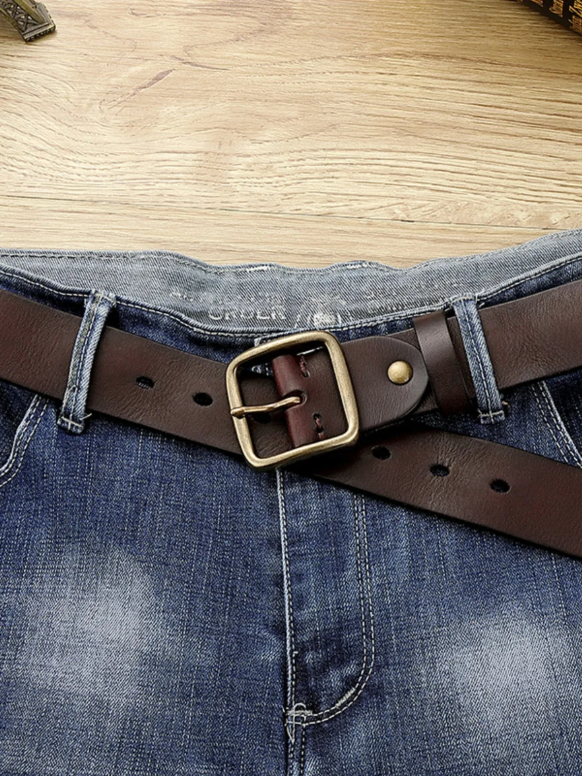 

First layer cowhide belt men's genuine leather pin buckle real cowhide casual retro handmade belt men's belt copper buckle denim