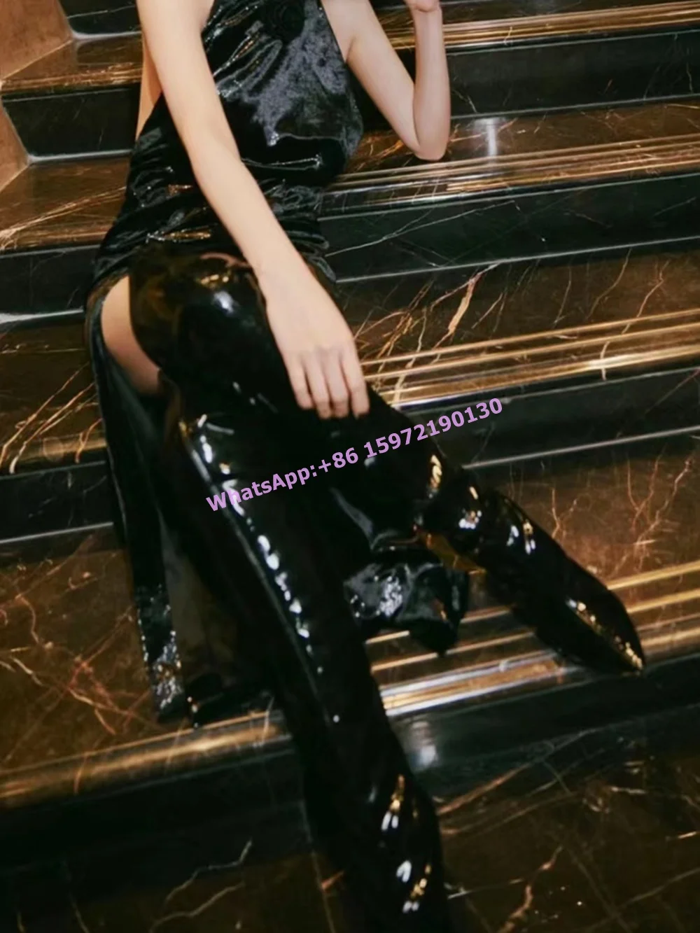 Black Patent Leather Over The Knee Boots Pointy Toe Thin Heels Side Zipper Winter Long Boots Women's Sexy Fashion Concise Shoes