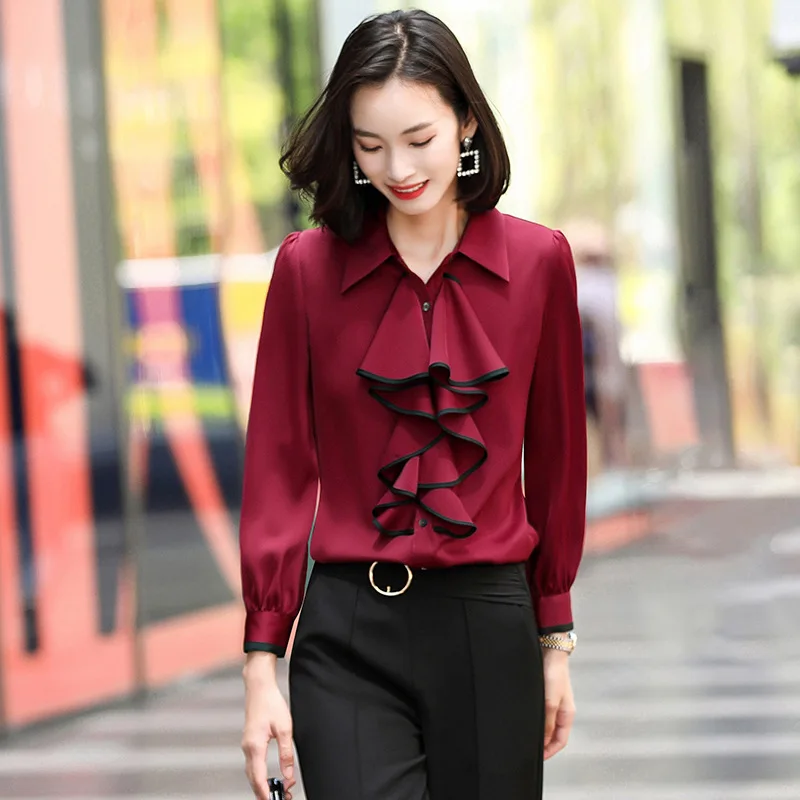 Big Size XXXL Tuxedo Dress Blouse Formal Bright Line Decor Business Shirt Wine Red Satin Office Work Korea Lady Elegant Chemise