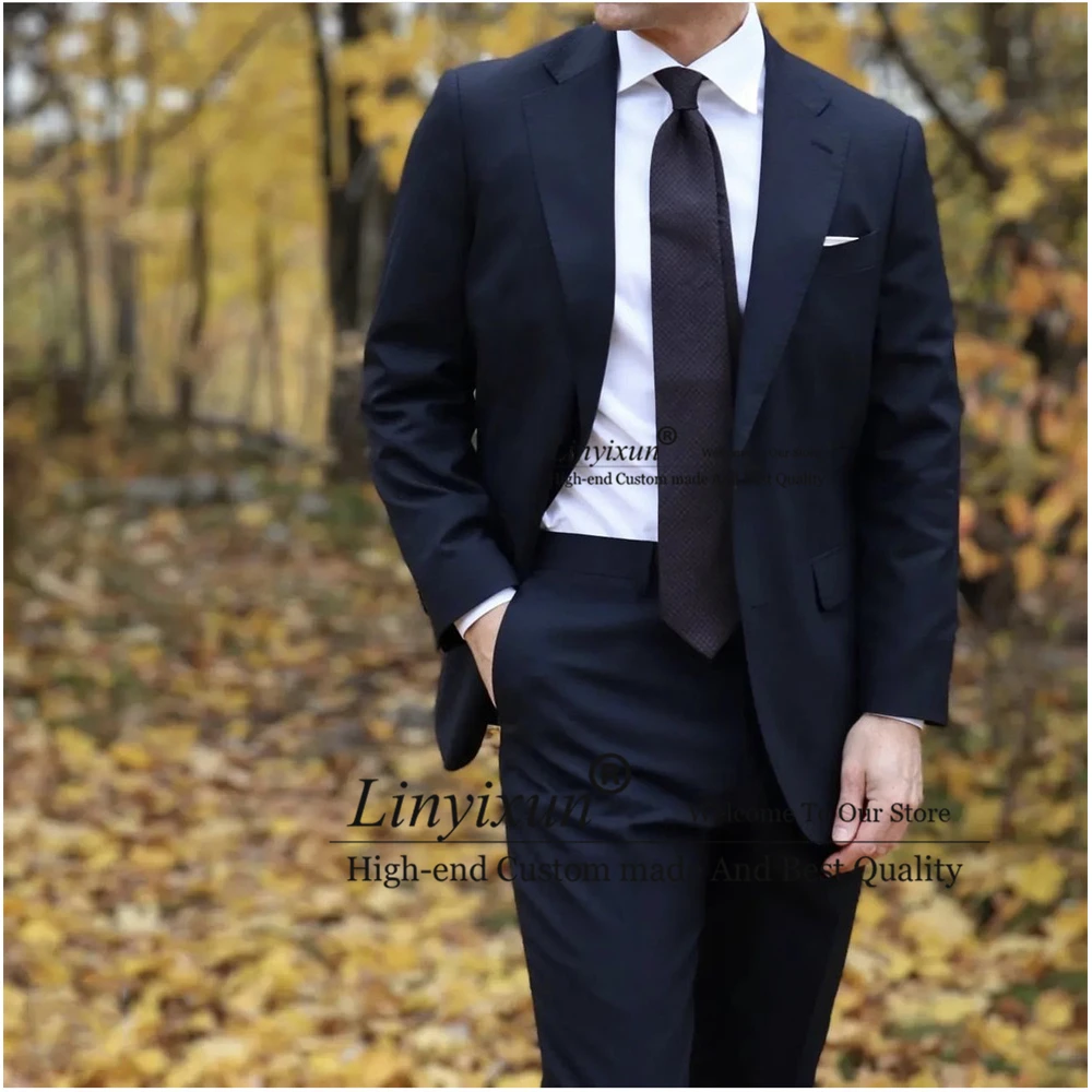 

Fashion Navy Blue Suits For Mens Formal Business Blazer Slim Fit Wedding Groom Tuxedo 2 Piece Set Jacket Pants Terno Masculino