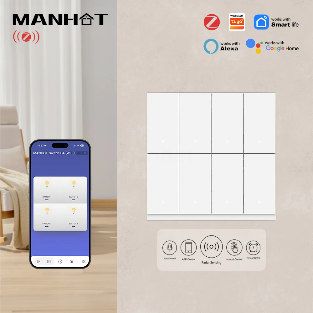 MANHOT 6/8 Gang WiFi Zigbee Smart Switch Neutral Wire Required Push Button Light Switch Compatible with Tuya Alexa Google Home