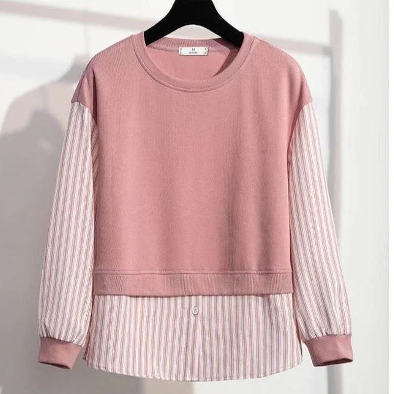 Spring Fashion Trend Round Neck Stripe Fake Two Piece Panel Loose Versatile Simple Age Reducing Casual Women\'s Long Sleeve Sweat