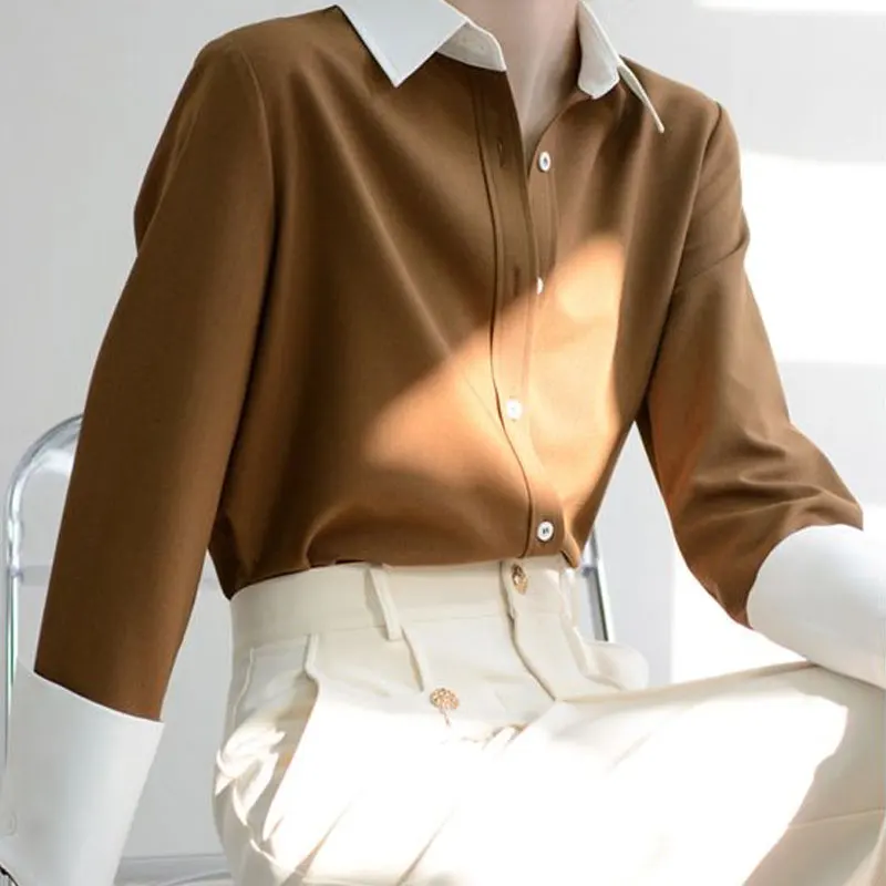 Stylish Solid Color Patchwork Shirt Spring Autumn Korean Loose Female Clothing Commute Polo-Neck Casual Single-breasted Blouse