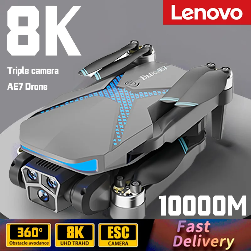 Lenovo-Dron AE7 8K HD Profesional, Triple Cámara, fotografía aérea, GPS, FPV, sin escobillas, evitación de obstáculos, RC Quadcopter, 10000M