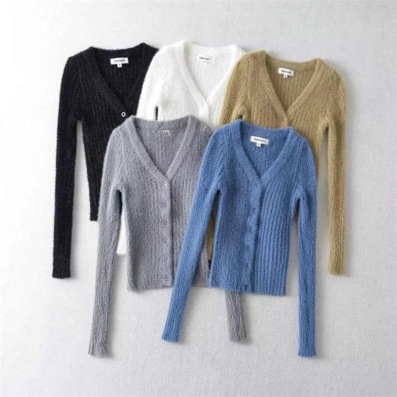 Haut rétro américain v-ne en fausse fourrure à bouton unique, doux ort Svel, couleur Pure, tricoté, coupe cintrée, Long Sve pour femmes