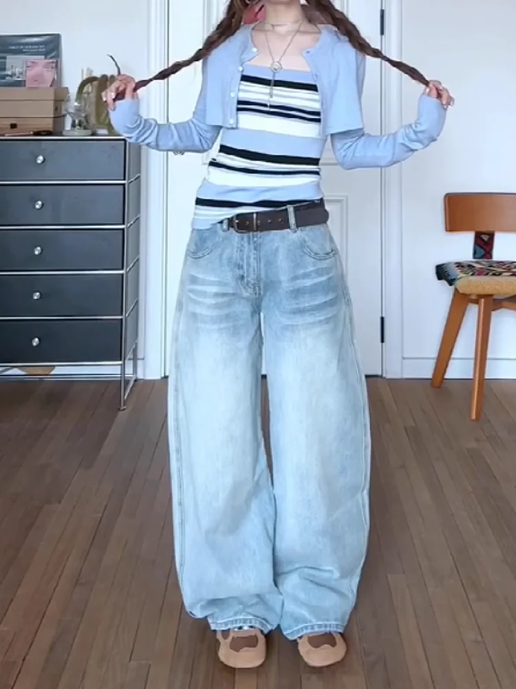 

American Style Loose Women's Jeans Light Blue Knife Design Washed Whisker Pattern High Waist Wide Leg Pants