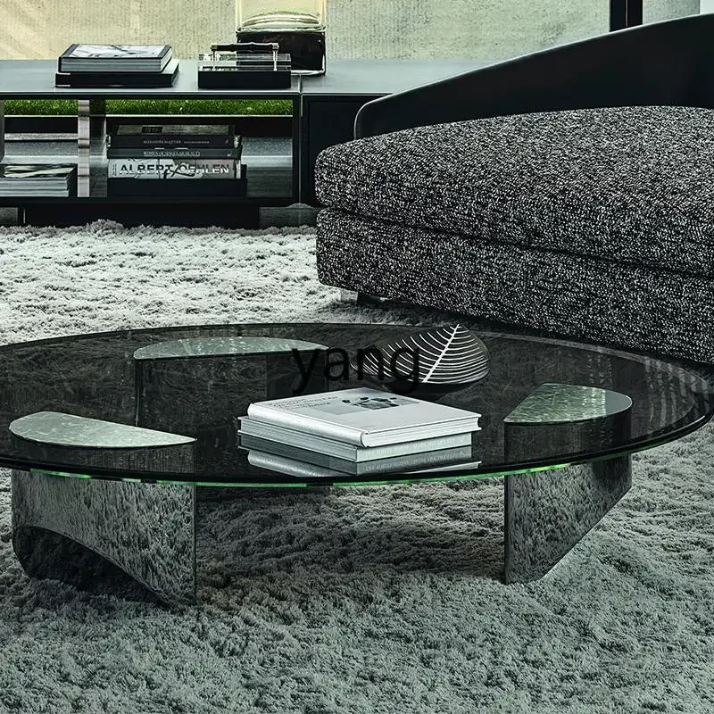 LTT Italian Minimalist Round Coffee Table Modern Simple Stainless Steel Tea Table Home Living Room Glass Coffee Table